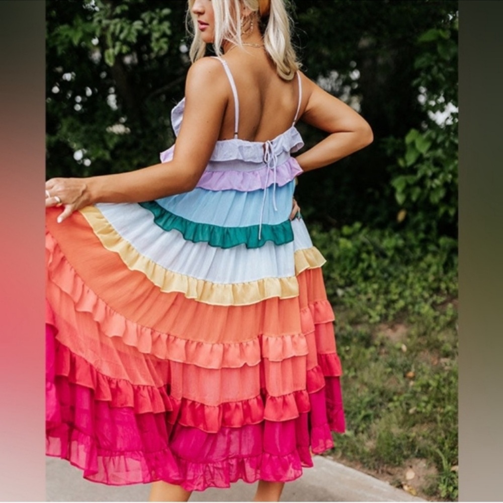 NWOT Storia Rainbow Tiered Ruffled Midi Dress Women’s Small - Picture 3 of 13